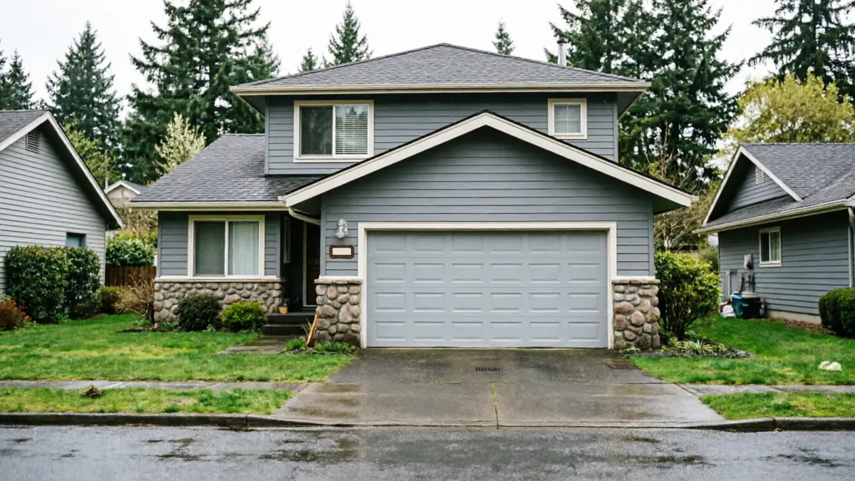 A gray house with a gray garage door and stone accents is visible from the street.